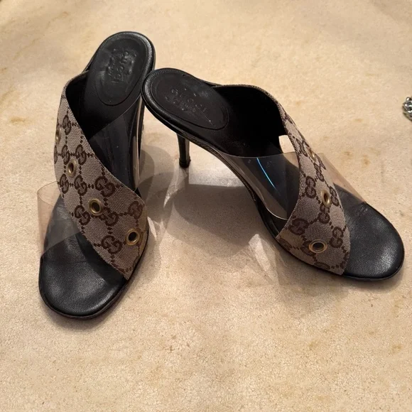 Gucci Black and Brown Mules with Gold Accents